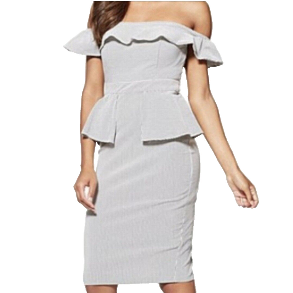 New York & Company Peplum Dress Size L Striped Ruffle Off Shoulder Office Siren